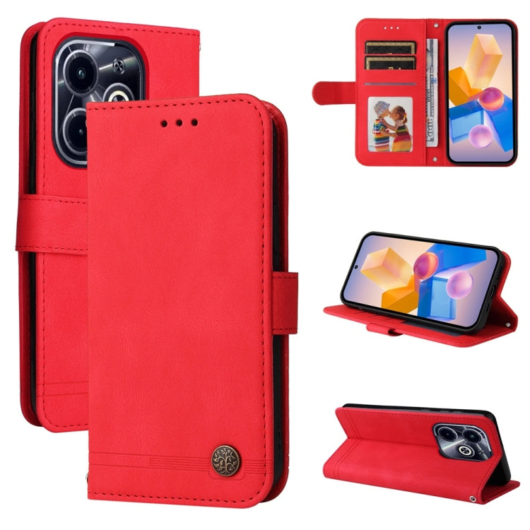 Red leather phone case with metal button, card slots, and magnetic stand