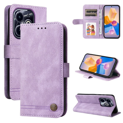 Purple leather phone case with metal button, card slots, and magnetic stand
