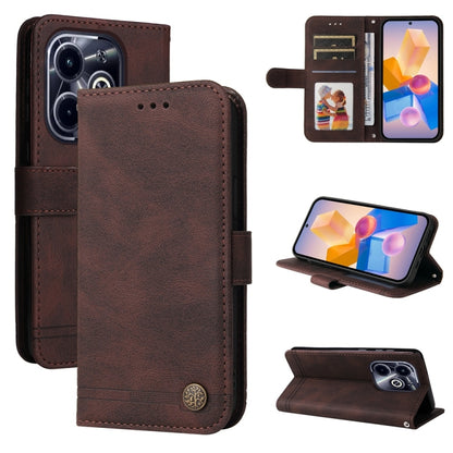 Brown leather phone case with metal button, card slots, and magnetic stand
