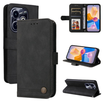 Black leather phone case with metal button, card slots, and magnetic stand