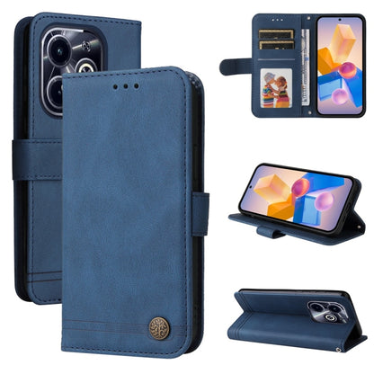 Blue leather folio phone case with metal button, card slot, and kickstand