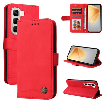 Red leather phone case with metal button, folio design, card slots and viewing stand