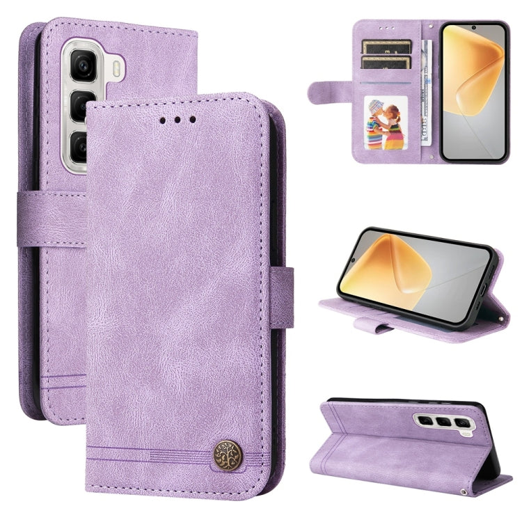 Purple leather phone case with metal button, folio design, card slots and viewing stand