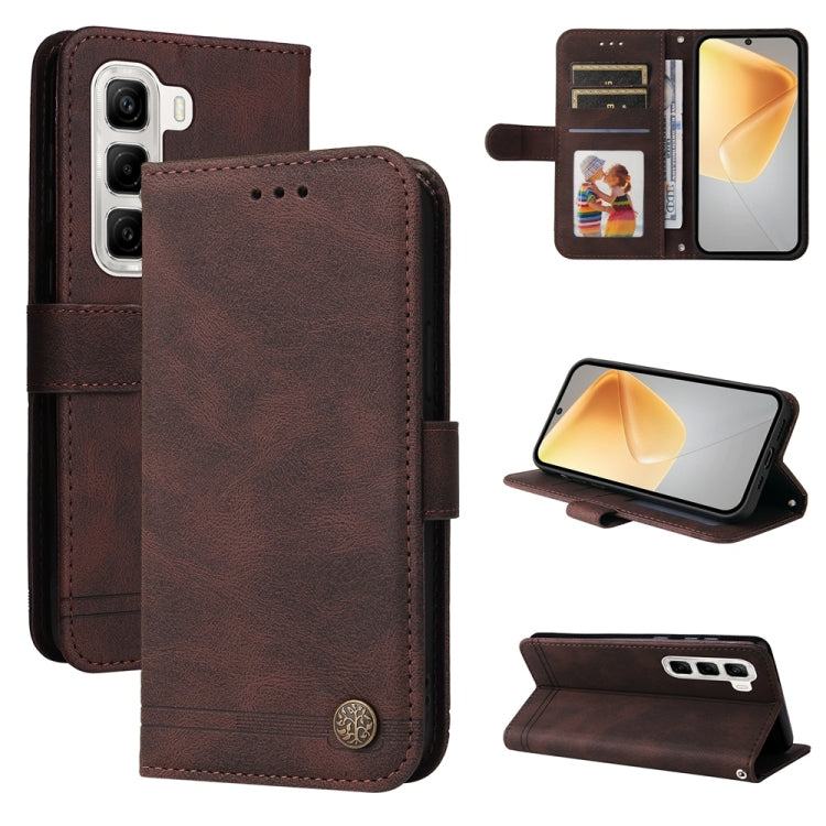 Brown leather phone case with metal button, folio design, card slots and viewing stand