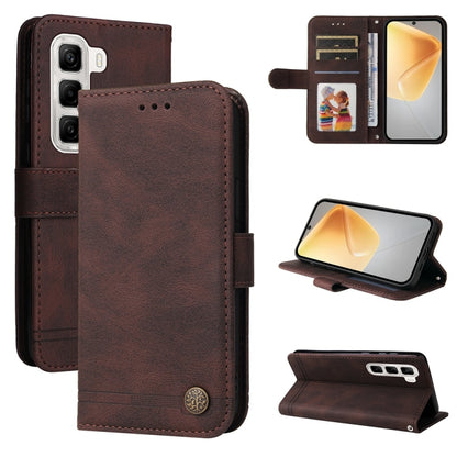 Brown leather phone case with metal button, folio design, card slots and viewing stand