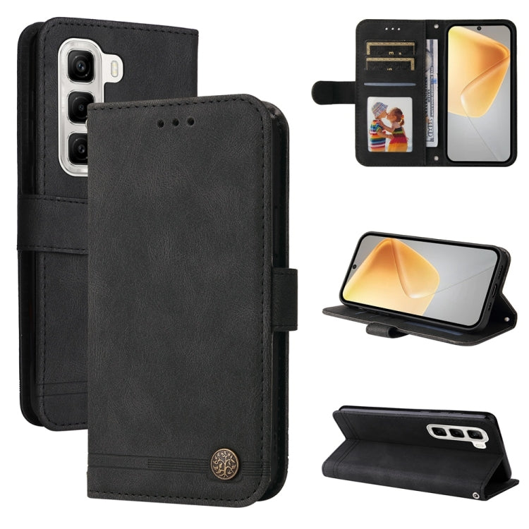 Black leather phone case with metal button, folio design, card slots and viewing stand