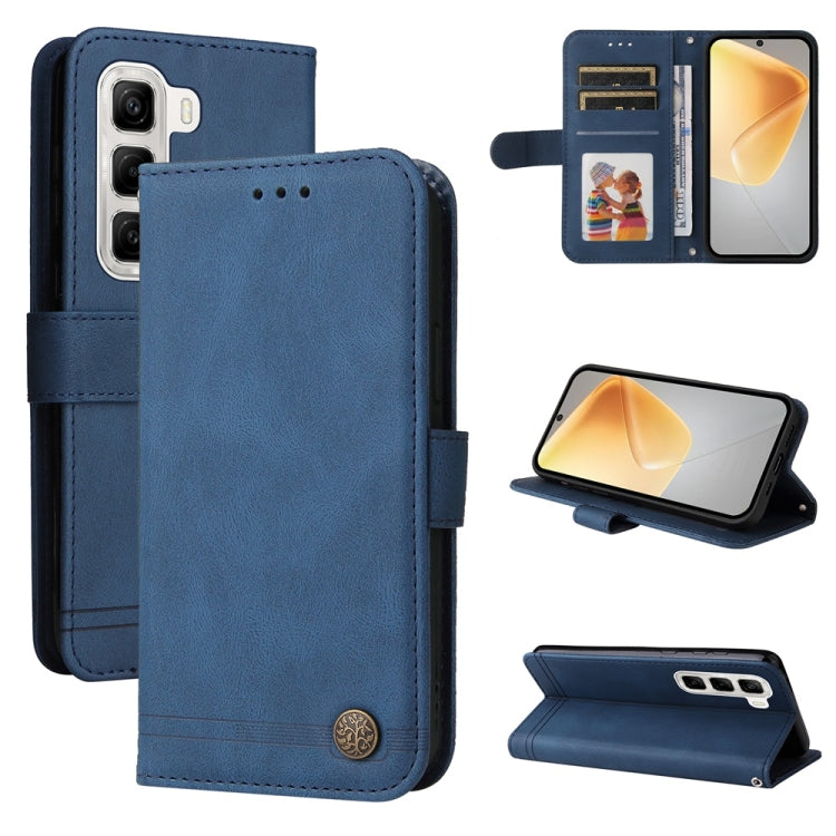Blue leather phone case with metal button, folio design, card slots and viewing stand