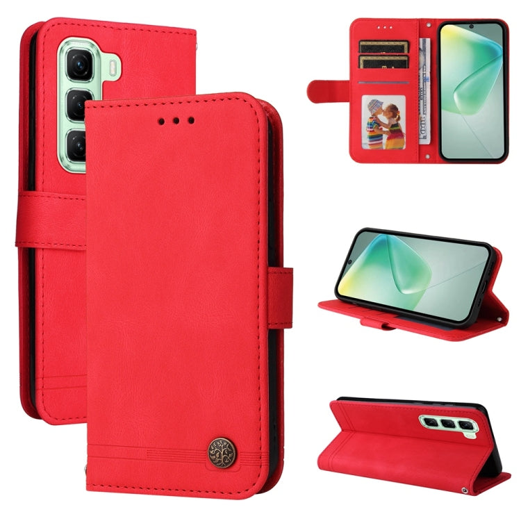 Red leather phone case with metal button, folio design, card slots and viewing stand