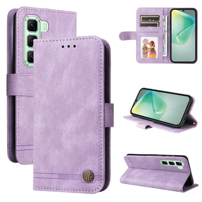 Purple leather phone case with metal button, folio design, card slots and viewing stand