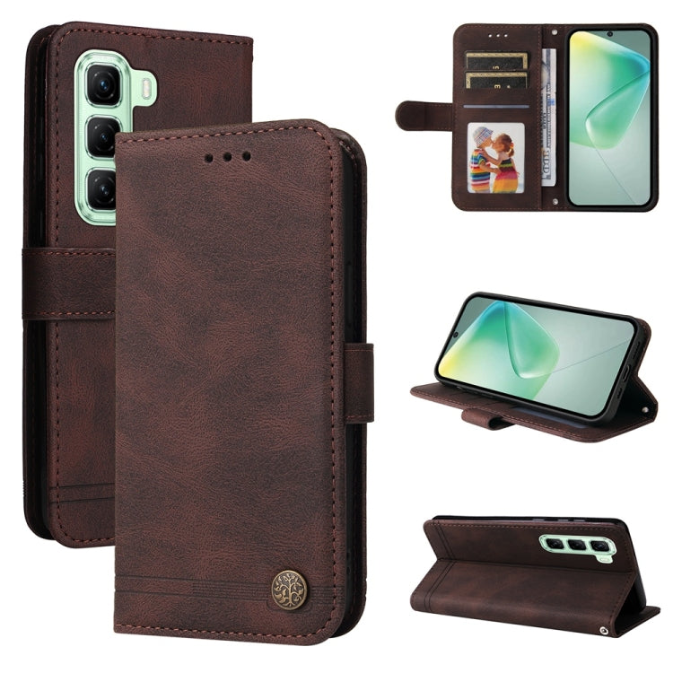 Brown leather phone case with metal button, folio design, card slots and viewing stand