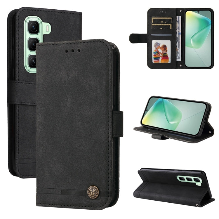 Black leather phone case with metal button, folio design, card slots and viewing stand