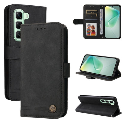 Black leather phone case with metal button, folio design, card slots and viewing stand