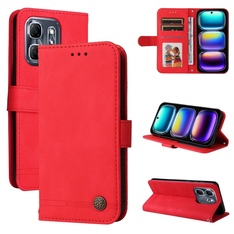 Red leather flip phone case with metal button, card slots and camera cutout
