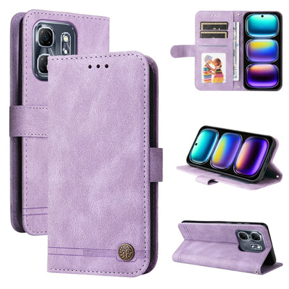 Purple leather flip phone case with metal button, card slots and camera cutout