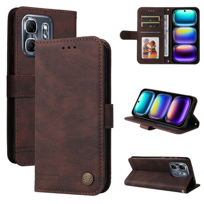 Brown leather flip phone case with metal button, card slots and camera cutout