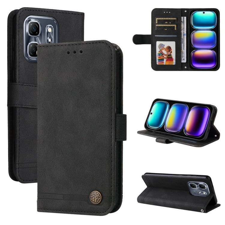 Black leather flip phone case with metal button, card slots and camera cutout