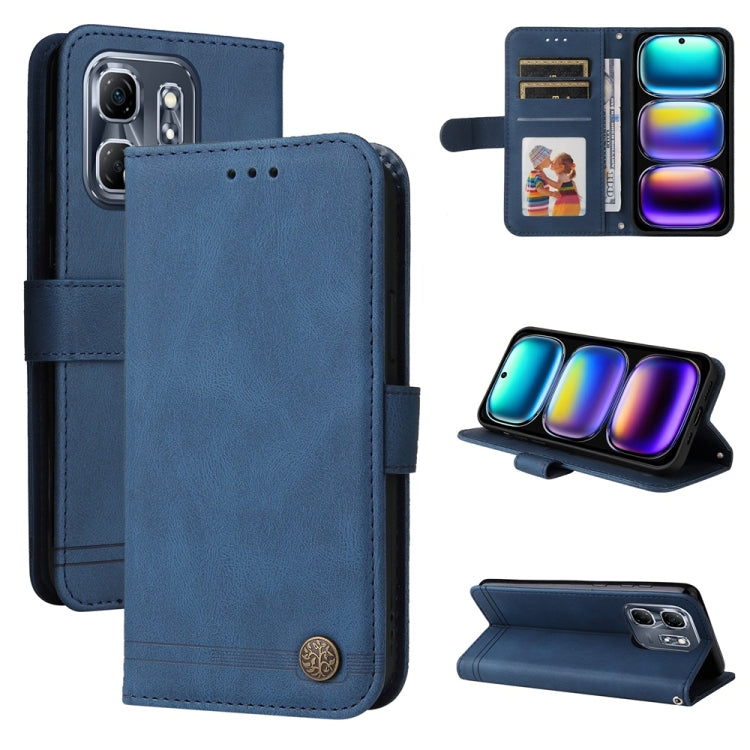 Blue leather wallet phone case with metal button, card slots and kickstand support