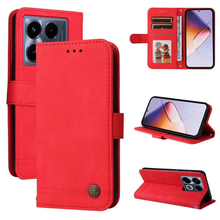 Leather wallet phone case with metal button, red flip cover and card slots