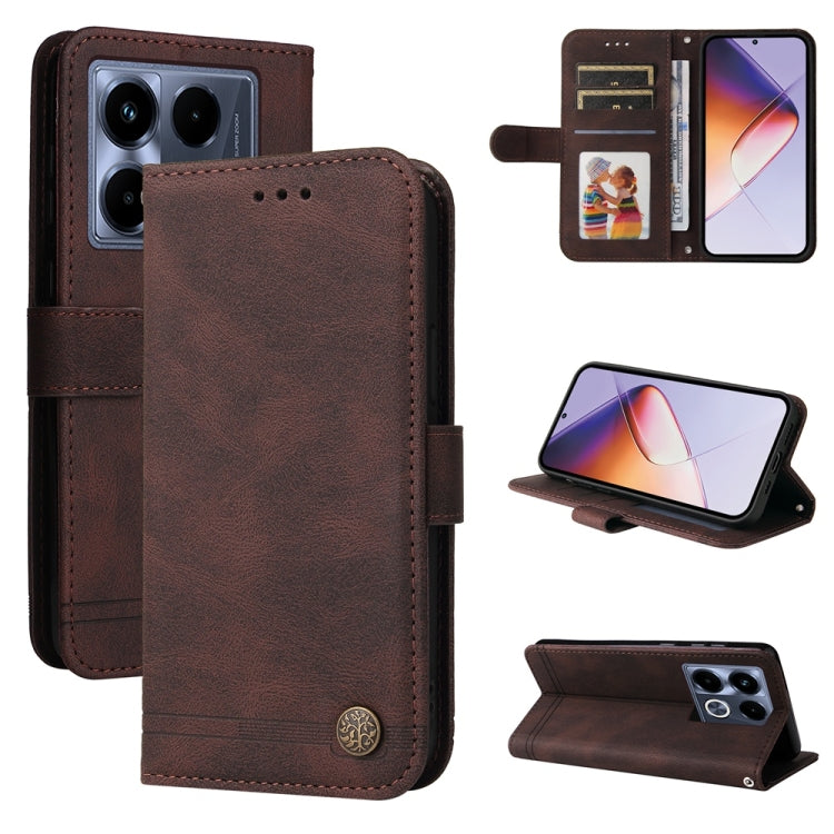 Leather wallet phone case with metal button, brown flip cover and card slots
