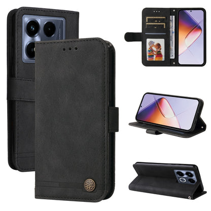 Leather wallet phone case with metal button, black flip cover and card slots