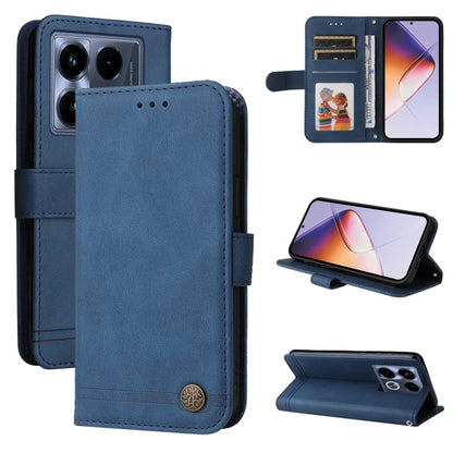 Blue leather phone case with metal button, card slots, and magnetic stand