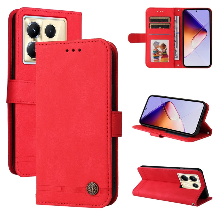 Red leather wallet phone case with metal button, card slots, stand viewing angle