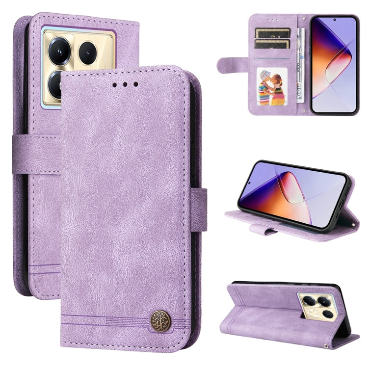 Purple leather wallet phone case with metal button, card slots, stand viewing angle