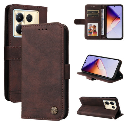 Brown leather wallet phone case with metal button, card slots, stand viewing angle