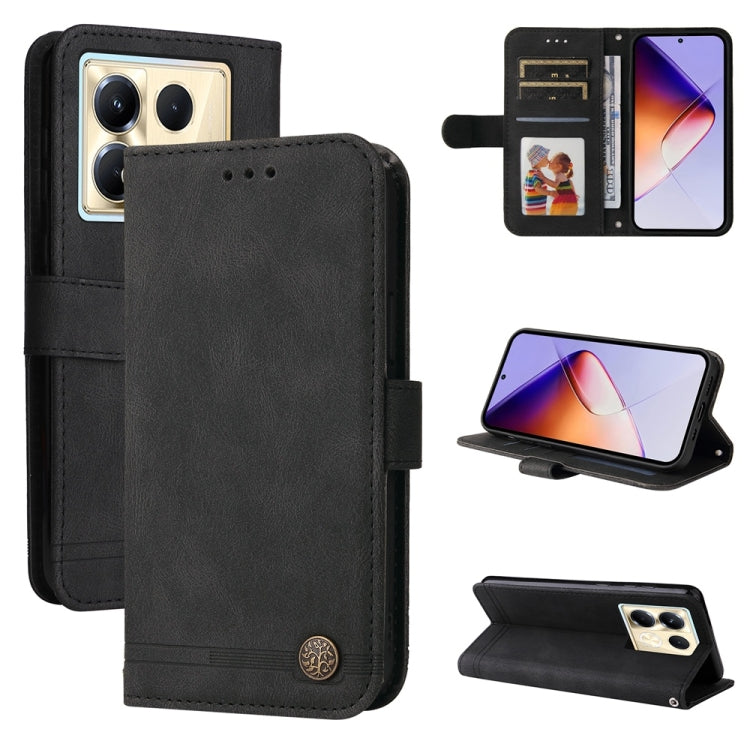 Black leather wallet phone case with metal button, card slots, stand viewing angle