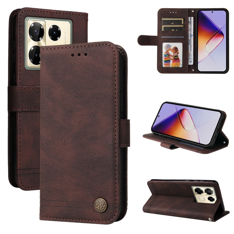 Leather wallet phone case with metal button, brown flip cover and card slots