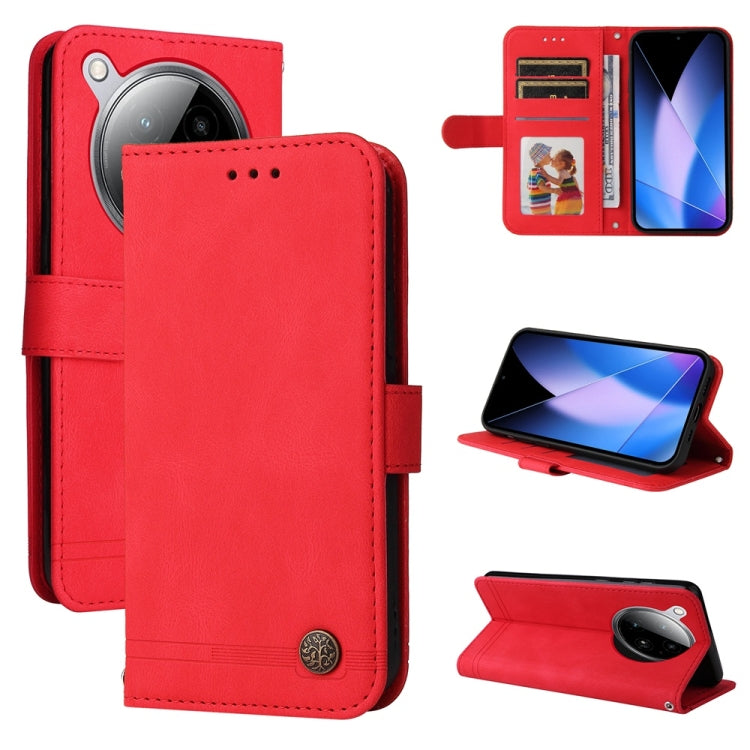 Red leather wallet phone case with metal button, card slots, magnetic flap