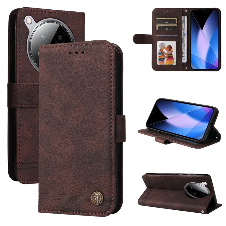 Brown leather wallet phone case with metal button, card slots, magnetic flap