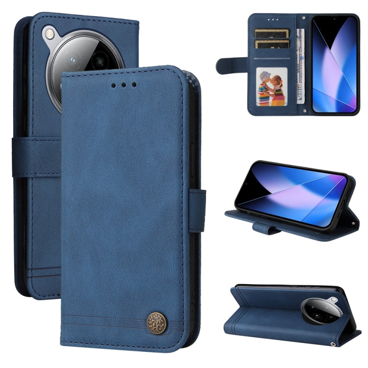 Blue leather wallet phone case with metal button, card slots, stand viewing angle