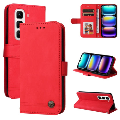 Red leather wallet phone case with metal button, card slots and kickstand support