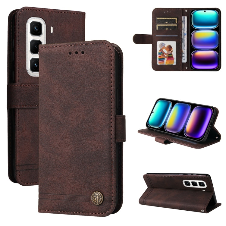 Brown leather wallet phone case with metal button, card slots and kickstand support