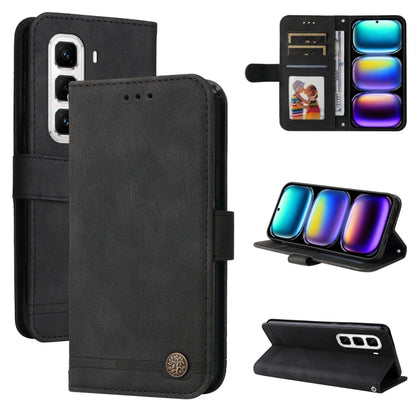 Black leather wallet phone case with metal button, card slots and kickstand support