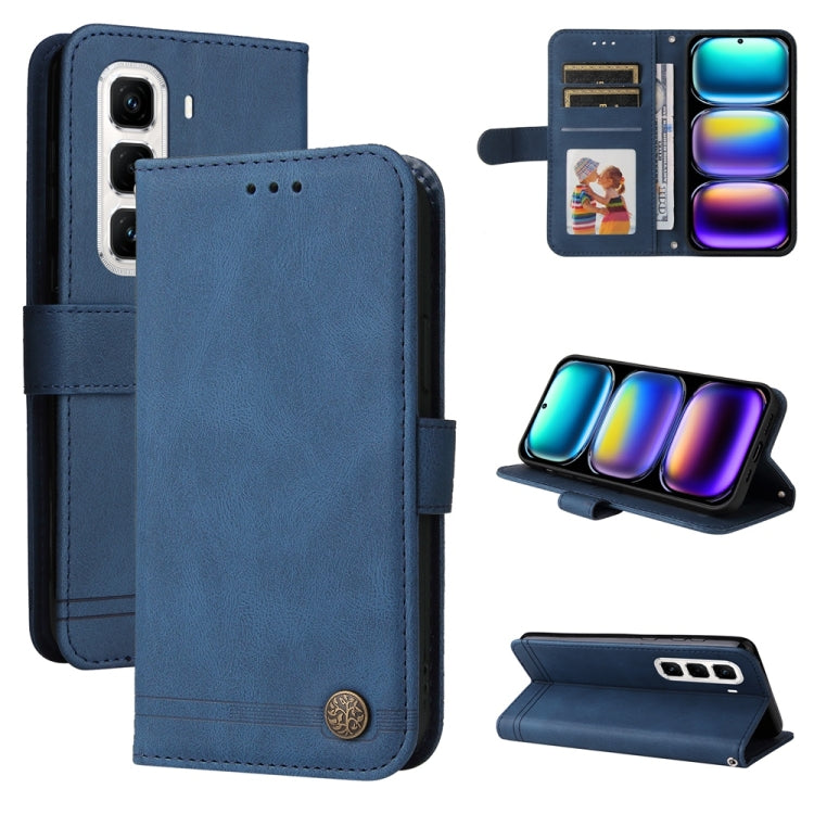 Blue leather phone case with metal button, folio design, card slots and viewing stand