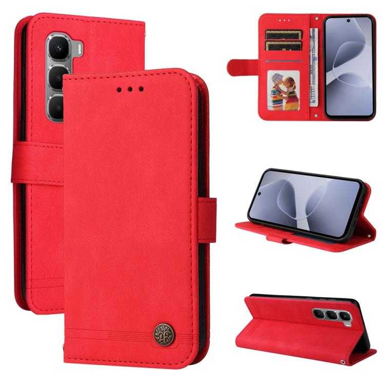 Red leather wallet phone case with card slots, metal button, and kickstand