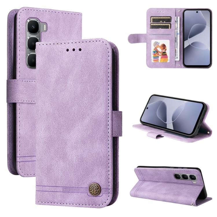 Purple leather wallet phone case with card slots, metal button, and kickstand