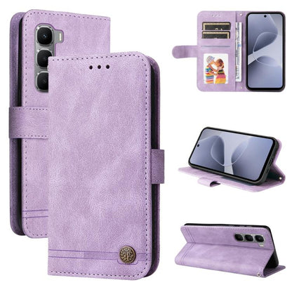 Purple leather wallet phone case with card slots, metal button, and kickstand
