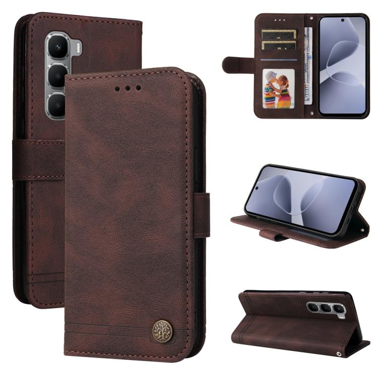 Brown leather wallet phone case with card slots, metal button, and kickstand