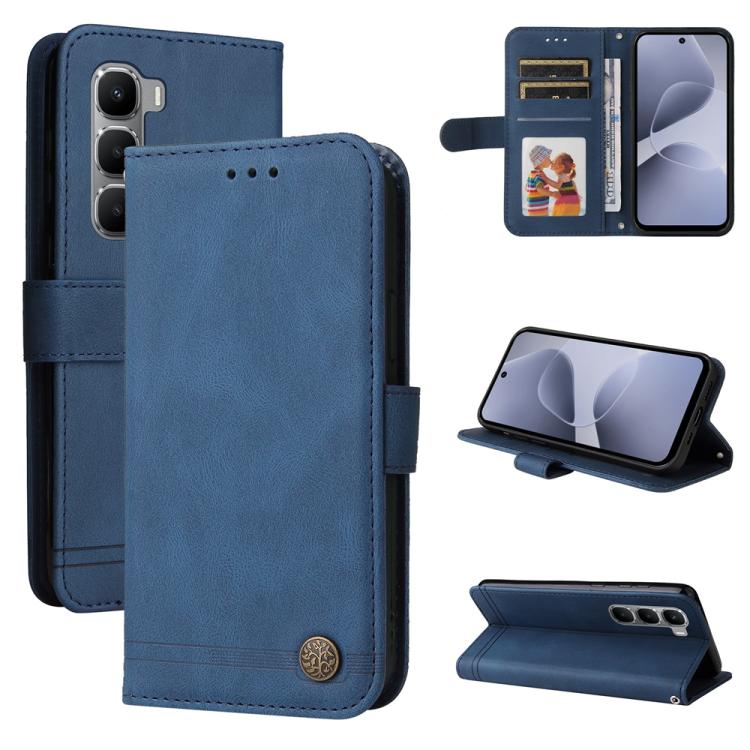 Blue leather folio phone case with card slots, metal button, and stand for viewing