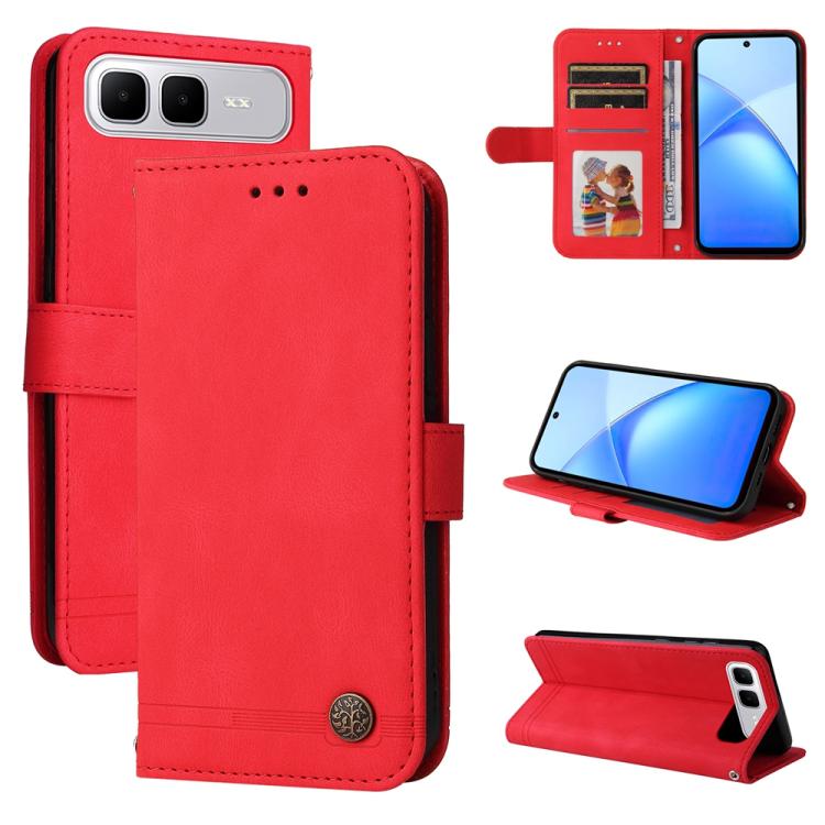 Red leather-style wallet phone case with card slots, metal button, and kickstand cover