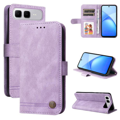 Purple leather-style wallet phone case with card slots, metal button, and kickstand cover