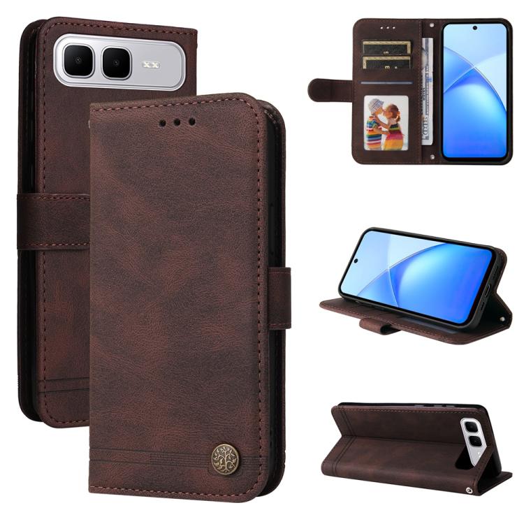 Brown leather-style wallet phone case with card slots, metal button, and kickstand cover