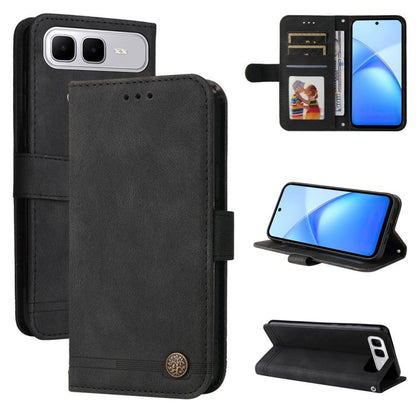 Black leather-style wallet phone case with card slots, metal button, and kickstand cover