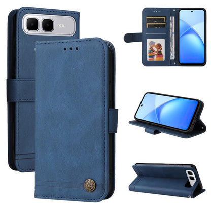 Blue leather flip phone case with metal button, card slots and camera cutout