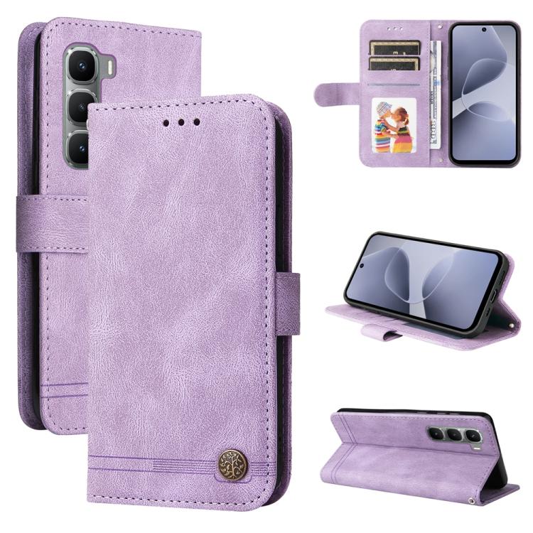Purple leather-style wallet phone case with card slots, metal button, and flip cover