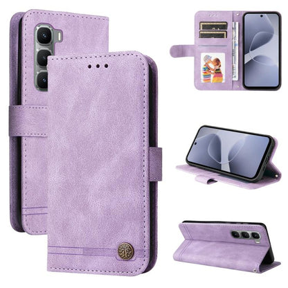 Purple leather-style wallet phone case with card slots, metal button, and flip cover