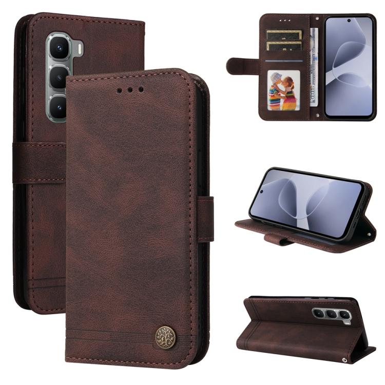 Brown leather-style wallet phone case with card slots, metal button, and flip cover